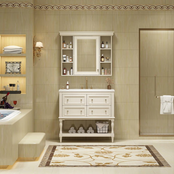 English Elm 36'' Modern Bathroom Vanity with Ceramic Sink and Medicine Cabinet, Solid Wood Frame, 4 Drawers, Waterproof Finish Beige SW000138AAY-1