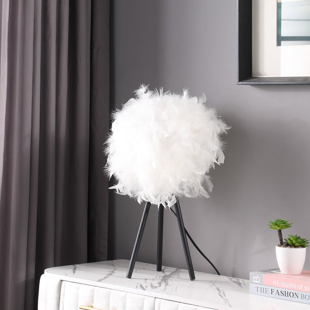 English Elm 20.5" Feather Shade Tripod Lamp with Matte Black Metal Legs – Soft Textured Polyester, UL Listed, Stylish Accent White B072P222437