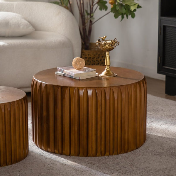English Elm Set of 2 Fluted Nesting Round Tables Solid Wood Mdf Mid-century Living Room W3158P407134