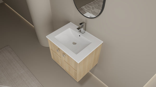 English Elm 24" Modern Wall Vanity with Ceramic Sink, Oak Plywood Cabinet, 2 Soft-Close Doors, Handles Included W1972S00021