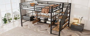 English Elm Full Metal Loft Bed Full Size with Staircase, Built-In Desk & Shelves, Black, Sturdy Space-Saving Setup GX001132AAB