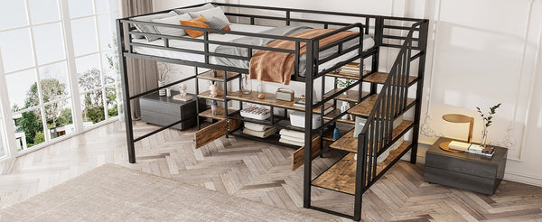 English Elm Full Metal Loft Bed Full Size with Staircase, Built-In Desk & Shelves, Black, Sturdy Space-Saving Setup GX001132AAB