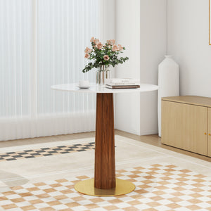 English Elm Modern Round Dining Table, 33.5" Sintered Stone Top With Wooden Legs & Gold Base For Compact Spaces W1535S00600
