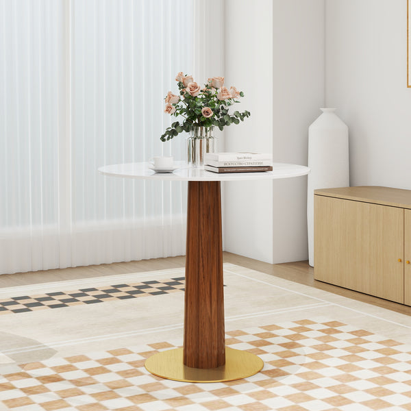 English Elm Modern Round Dining Table, 33.5" Sintered Stone Top With Wooden Legs & Gold Base For Compact Spaces W1535S00600