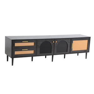 English Elm Rattan Black TV Stand with 3 Cabinets & 2 Rattan Drawers, LED Media Console, Cable Management, 80" N710P206015B