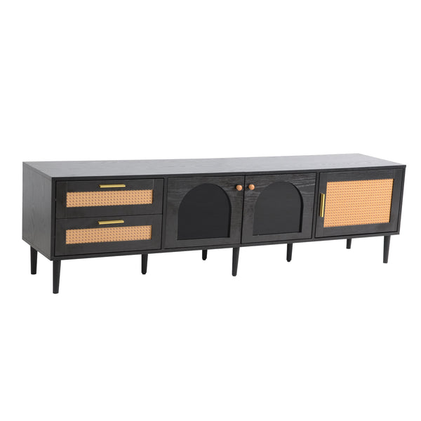 English Elm Rattan Black TV Stand with 3 Cabinets & 2 Rattan Drawers, LED Media Console, Cable Management, 80" N710P206015B