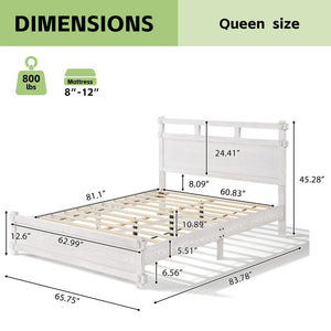 English Elm Queen Farmhouse Platform Bed Antique White Wood Grain Two-tiered Headboard Solid Frame N758P369329W
