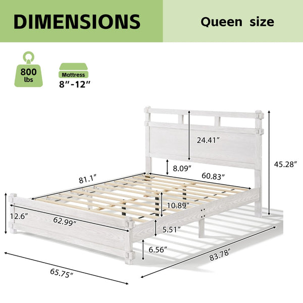 English Elm Queen Farmhouse Platform Bed Antique White Wood Grain Two-tiered Headboard Solid Frame N758P369329W