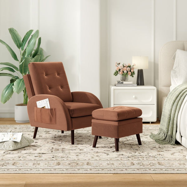 English Elm Upholstered Velvet Reclining Accent Chair with Ottoman Tufted Lounge Seating T3623P411360