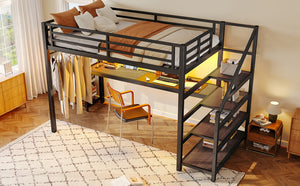 English Elm Twin Xl Metal Loft Bed with Stair Storage Shelves Sturdy Steel Frame for Dorms W1580S00481