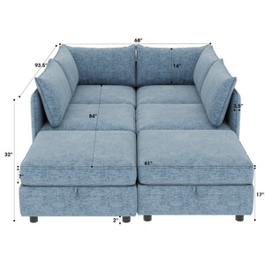 English Elm Modular Sectional Sofa with Under Seat Storage Converts to Sleeper for Living Room Antique Blue W680S00142