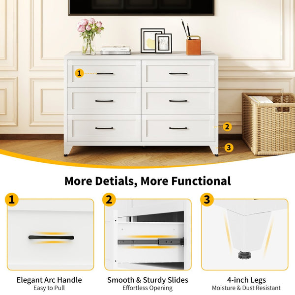 English Elm 6 Drawer White Steel Dresser Low Profile Powder Coated Frame for Bedroom or Hallway T2398P465981