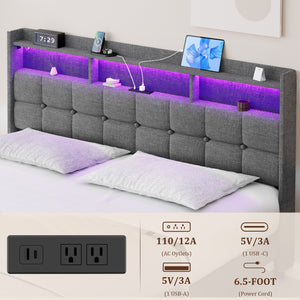 English Elm King LED Upholstered Bed Frame with Storage Headboard, 2 Drawers, Fast Charging Ports & Mood Lights W1550P190366