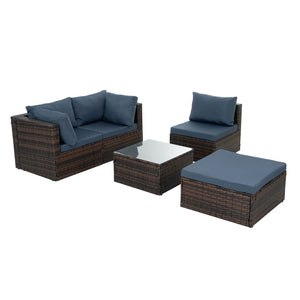English Elm Patio 5-Piece Wicker Furniture Set With Comfortable Cushions & Glass Coffee Table For Outdoor Relaxation W1703S00021-GIGA