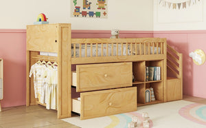 English Elm Twin Loft Bed with Built-In Stairs, Shelves, Hanging Rod & 2 Drawers for Space-Saving Kids Room Natural 45.87 L x 18.5 W x 10.83 H W2593S00005