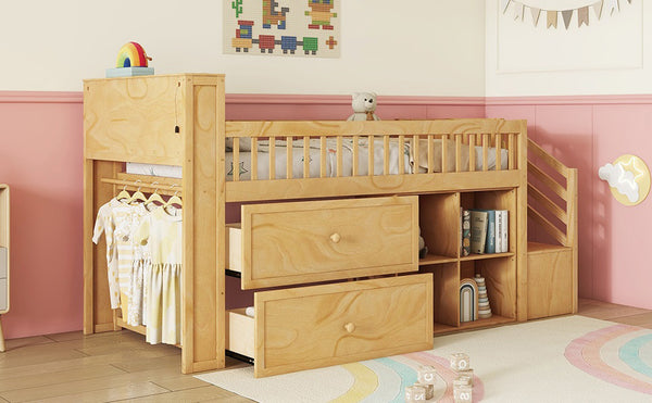 English Elm Twin Loft Bed with Built-In Stairs, Shelves, Hanging Rod & 2 Drawers for Space-Saving Kids Room Natural 45.87 L x 18.5 W x 10.83 H W2593S00005