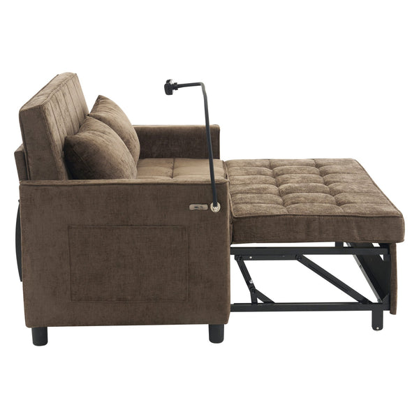 English Elm 56.9" Loveseat Sofa Bed with Chenille Upholstery, USB Ports, Phone Holder, Side Pockets, Reclining Backrest Brown N719P208853D
