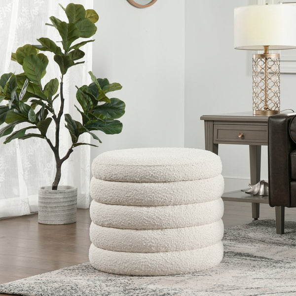 English Elm Jennifer Taylor Home - Fuji Oversized Round Storage Ottoman with Bouclé Upholstery, Kiln-Dried Birch Frame & Hidden Compartment White B2719P238418