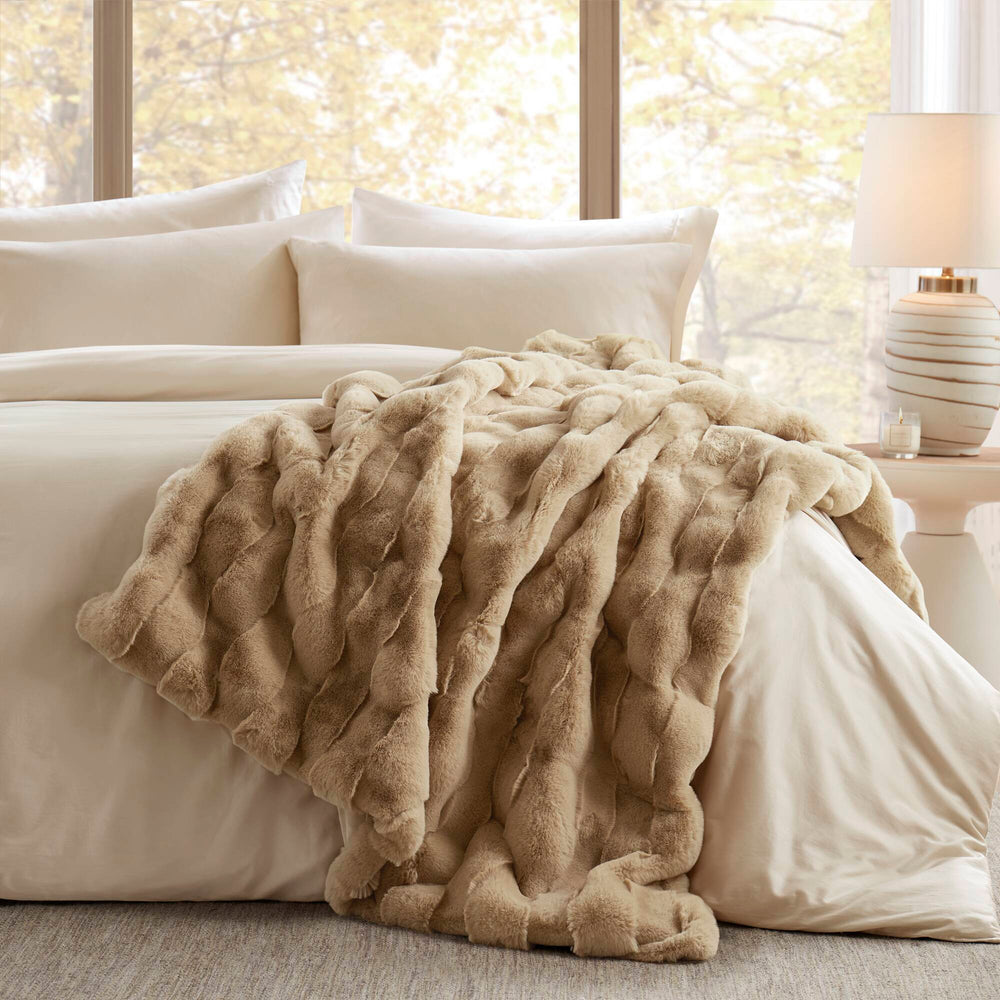 JLA Home Madison Park - Faux Faux Fur Throw Madison Park — Luxe basket-weave plush, Oeko‑Tex certified, machine washable comfort Tan MP50-8796