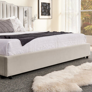 English Elm Queen Velvet Platform Bed with Tufted Headboard Integrated Nightstands and Striped Design Beige W487S00440