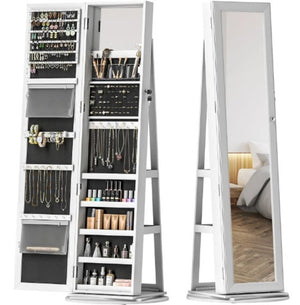 English Elm Robust Rotating Floor Jewelry Armoire with Full Length Mirror and Locking Mdf Cabinet T3971P430639