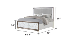 English Elm Desire Queen Bed with LED Upholstered Headboard, Marble-Pattern Footboard & Deep Storage Drawers, Metallic Trim B009S01897