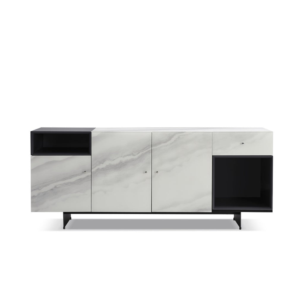 English Elm Olivia Marble Effect Glass Sideboard with Matte Black Open Shelving for Dining Rooms B2736S00027