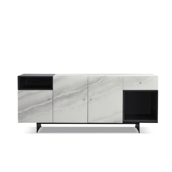 English Elm Olivia Marble Effect Glass Sideboard with Matte Black Open Shelving for Dining Rooms B2736S00027