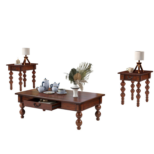 English Elm Solid Wood Coffee Table Set with Drawer Vintage-Inspired Acacia Veneer, Sturdy Rubberwood Legs, Easy No-Tool Assembly Walnut W1202S00013