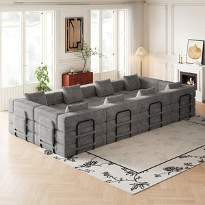 English Elm 8 Seater Corduroy Floor Sofa Bed with Storage Pockets and Modular Cushion Design W3505S00024