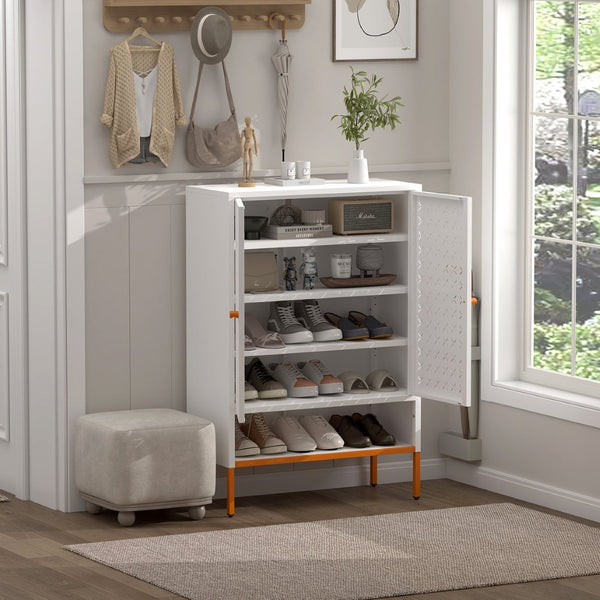 English Elm Modern Entryway Shoe Cabinet with Butterfly Doors Ventilated Shelves Steel Handle W1247P257578