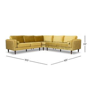 English Elm Ashcroft Furniture - Amber Velvet Corner Sectional Sofa - Mid-Century Yellow Upholstery, Solid Wood Frame, Removable Cushions B183S00071