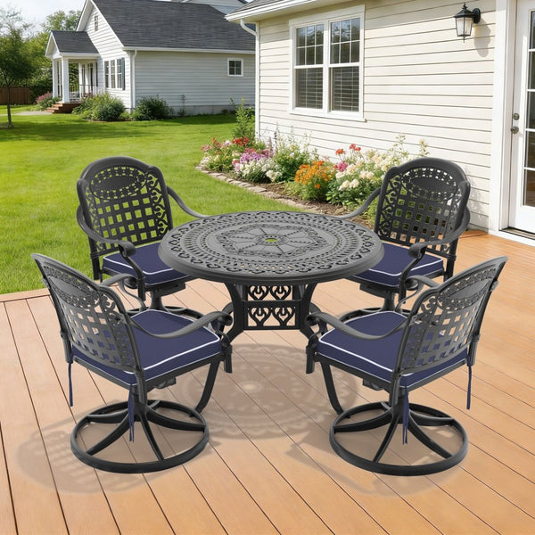 English Elm 5-piece Cast Aluminum Outdoor Dining Set with Swivel Chairs and Round Patio Table W1710S00342