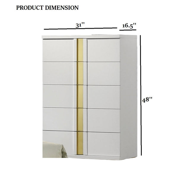 English Elm Contemporary Chic Chest with Gold Accents, Acrylic Trim, Metal Bracket Legs and Dust‑Proof Drawers Gold,White 20 L x 35 W x 50 H B2741P370846