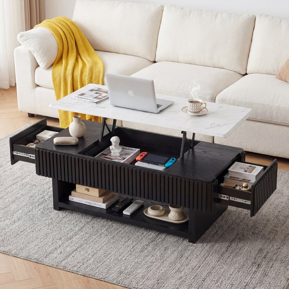 English Elm 46.5" Lift Top Coffee Table Fluted Frame Marble Pattern Hidden Storage Modern Living W5278P458348