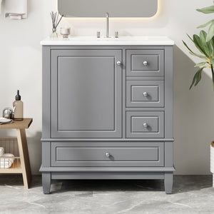 English Elm Christopher Knight Home® - 30" Freestanding Bathroom Vanity with Ceramic Sink, Soft-Close Door, Gold Knobs & 3 Drawers, Durable Painted Finish Grey N759P225994E