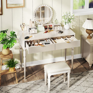 English Elm Luxury Vanity Desk with Sunflower Mirror, Height-Adjustable Makeup Table, 4 Drawers & Stool for Organized Glam Champagne N844P262897C