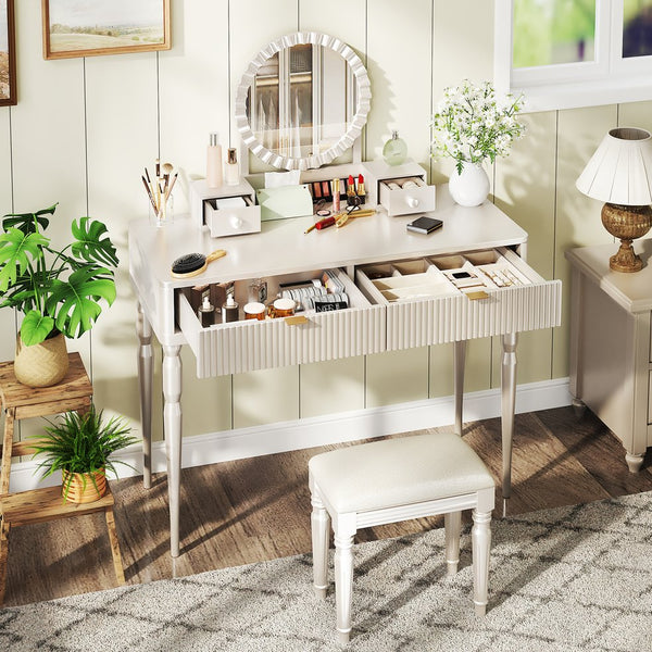 English Elm Luxury Vanity Desk with Sunflower Mirror, Height-Adjustable Makeup Table, 4 Drawers & Stool for Organized Glam Champagne N844P262897C