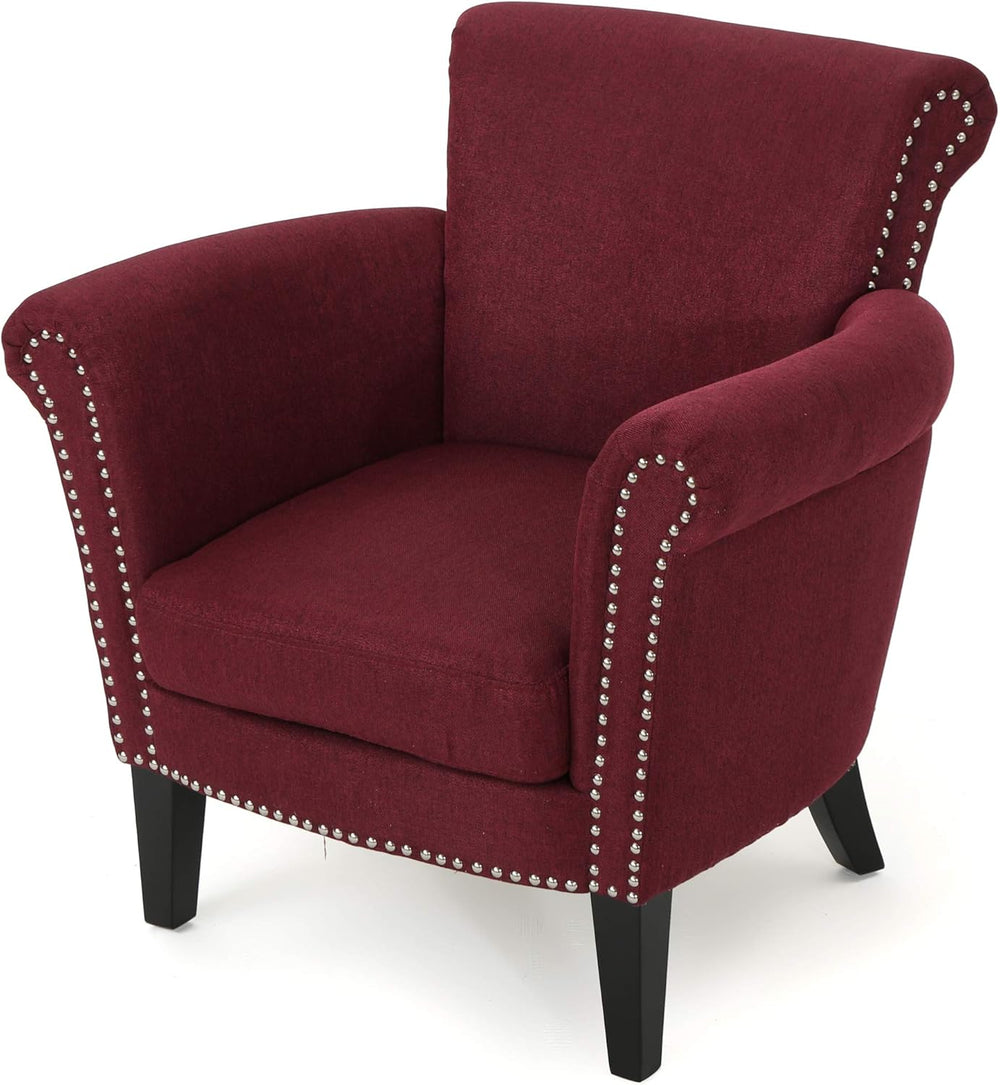 English Elm Christopher Knight Home® - CLUB Chair Burgundy Upholstered Fabric Accent with Nailhead Trim, Curved Arms & Birch Legs - Luxurious N776P243716Y