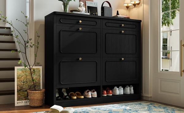 English Elm Wooden Farmhouse Entryway Shoe Cabinet with Six Drawers for Organized Hallway Storage Black W1580P402824