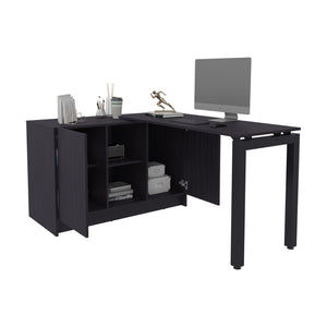 English Elm Desk Rotating L-Shape 28.5" H Black Wengue Corner Workstation with 2 Doors, 5 Shelves & Legs B097S00200
