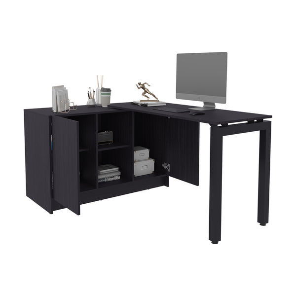 English Elm Desk Rotating L-Shape 28.5" H Black Wengue Corner Workstation with 2 Doors, 5 Shelves & Legs B097S00200