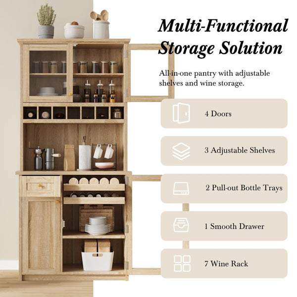 English Elm Topmax Farmhouse Buffet Hutch with Wine Rack Shaker Glass Pantry Cabinet N717P327043N