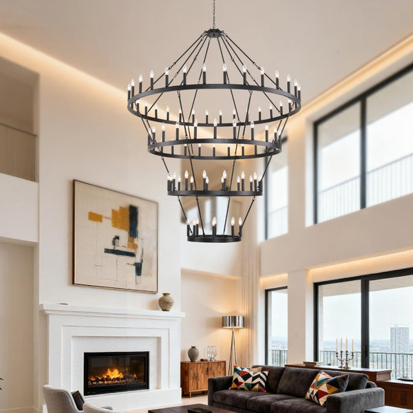 English Elm 69.3 Inch Four Tier Wagon Wheel Chandelier Matte Black Metal 80 Light Farmhouse Foyer W5008P392692