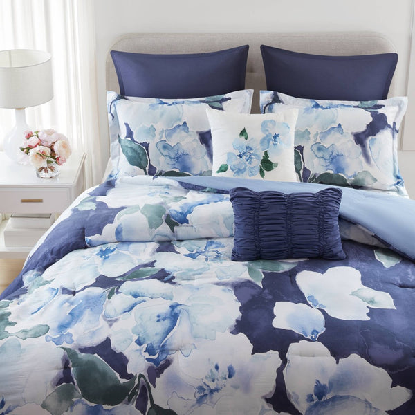 English Elm 7-piece Queen Comforter Set Cotton Print Bedding with Euro Shams and Embroidered Pillows Blue Multi B035P482949