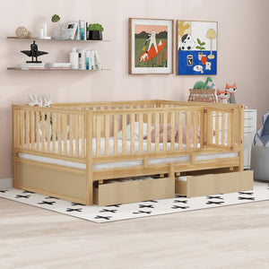 English Elm Full Size Pinewood Kids Daybed with Fence Rails Split Floor Bed and Storage Drawers Natural LP100882AAN