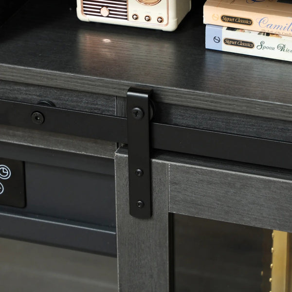 English Elm Tv Console with Electric Fireplace Mdf Steel Frame Glass Cabinet Media Storage Gray T3971S00087