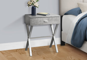 English Elm Accent Elegant Modern Side Table with Glossy Laminate, Chrome Base and Drawer for Living Spaces Grey 22 L x 14 W x 7 H B2710P219243