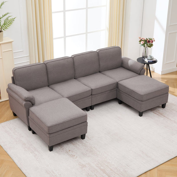 English Elm 102 Inch Linen Modular Sectional Sofa with Hidden Storage and Cloud Cushion Comfort Dark Gray W1099S00209