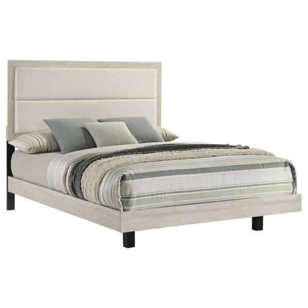 English Elm Strout Queen Panel Bed Bouclé Headboard Whitewashed Veneer Floating Rustic Frame B062S01771